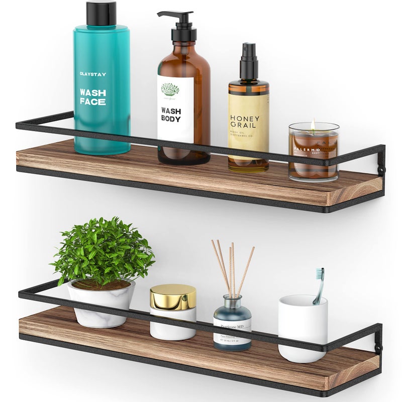 Meangood Floating Shelves Wall Mounted Set of 2, Rustic Wood Wall Storage Shelves for Bedroom,Living Room,Bathroom, Kitchen Torched Wood - Image 1